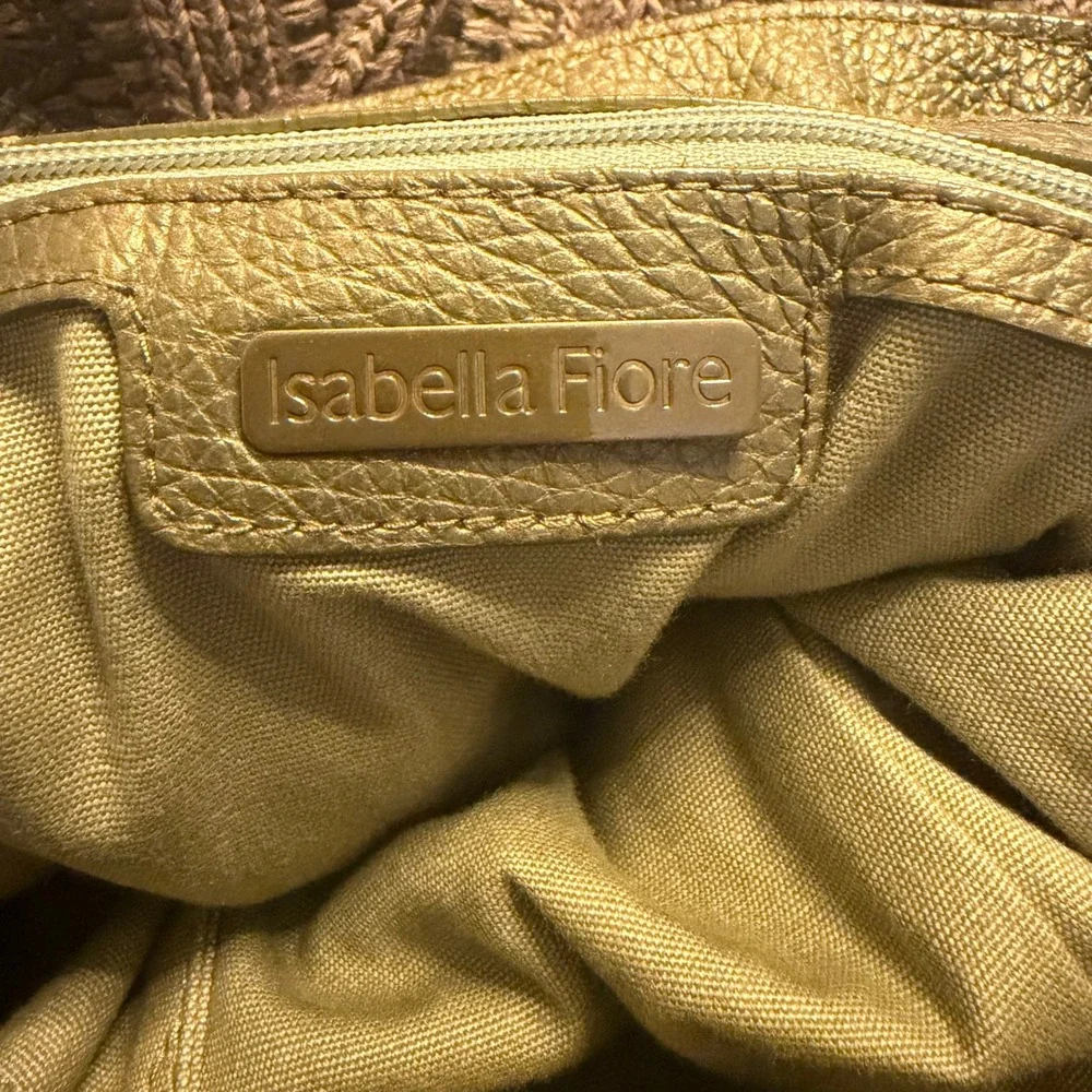 Isabella Fiore Gold Metallic Leather Knit Hobo Bag Scalloped Embroidered Boho